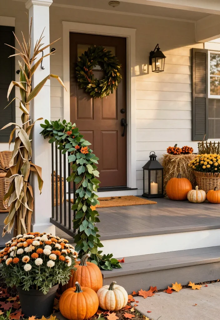 17 Clever Halloween-to-Thanksgiving Porch Decor Ideas That Make the Seasonal Switch Effortless (You’ll Want to Copy #9!) - 12. Weave One Garland Through the Railings 1