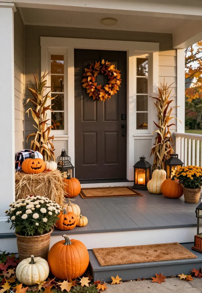 17 Clever Halloween-to-Thanksgiving Porch Decor Ideas That Make the Seasonal Switch Effortless (You’ll Want to Copy #9!) - 13. Turn a Hay Bale Into a Seasonal Display Bench 1