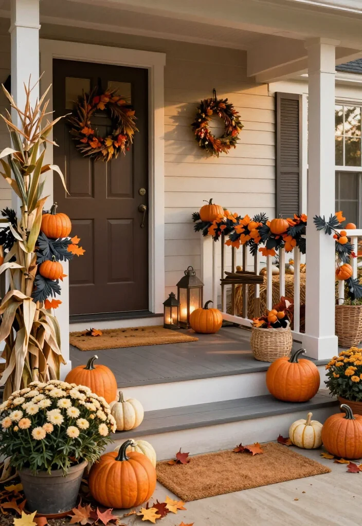 17 Clever Halloween-to-Thanksgiving Porch Decor Ideas That Make the Seasonal Switch Effortless (You’ll Want to Copy #9!) - 15. Make a Mini Pumpkin Garland for the Railing 1