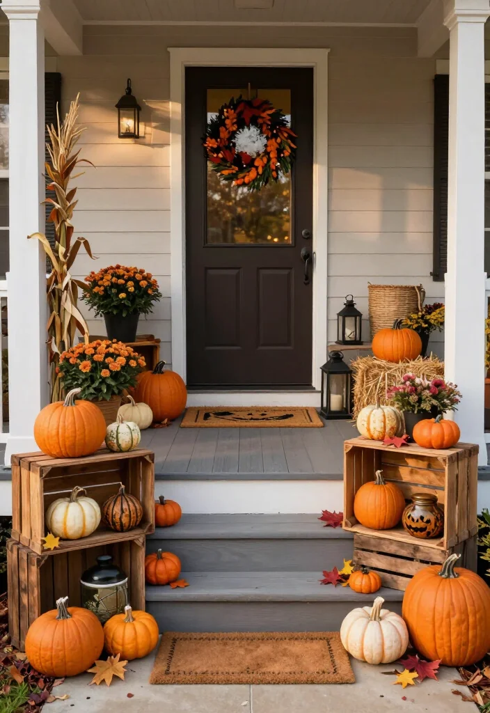 17 Clever Halloween-to-Thanksgiving Porch Decor Ideas That Make the Seasonal Switch Effortless (You’ll Want to Copy #9!) - 16. Style Wooden Crates as Flexible Porch Risers 1