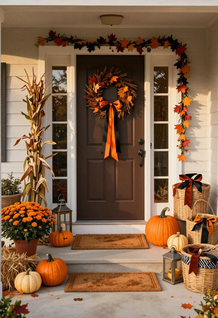 17 Clever Halloween-to-Thanksgiving Porch Decor Ideas That Make the Seasonal Switch Effortless (You’ll Want to Copy #9!) - 3. Swap Ribbons Instead of Rebuilding the Whole Porch 1