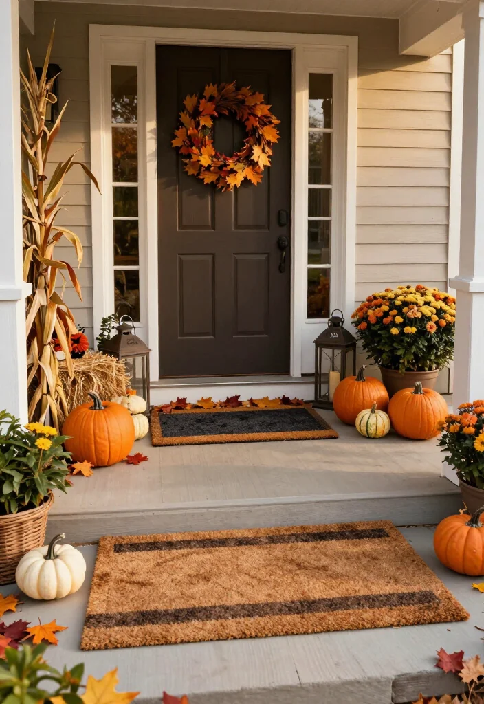 17 Clever Halloween-to-Thanksgiving Porch Decor Ideas That Make the Seasonal Switch Effortless (You’ll Want to Copy #9!) - 4. Layer Two Doormats for Instant Porch Personality 1
