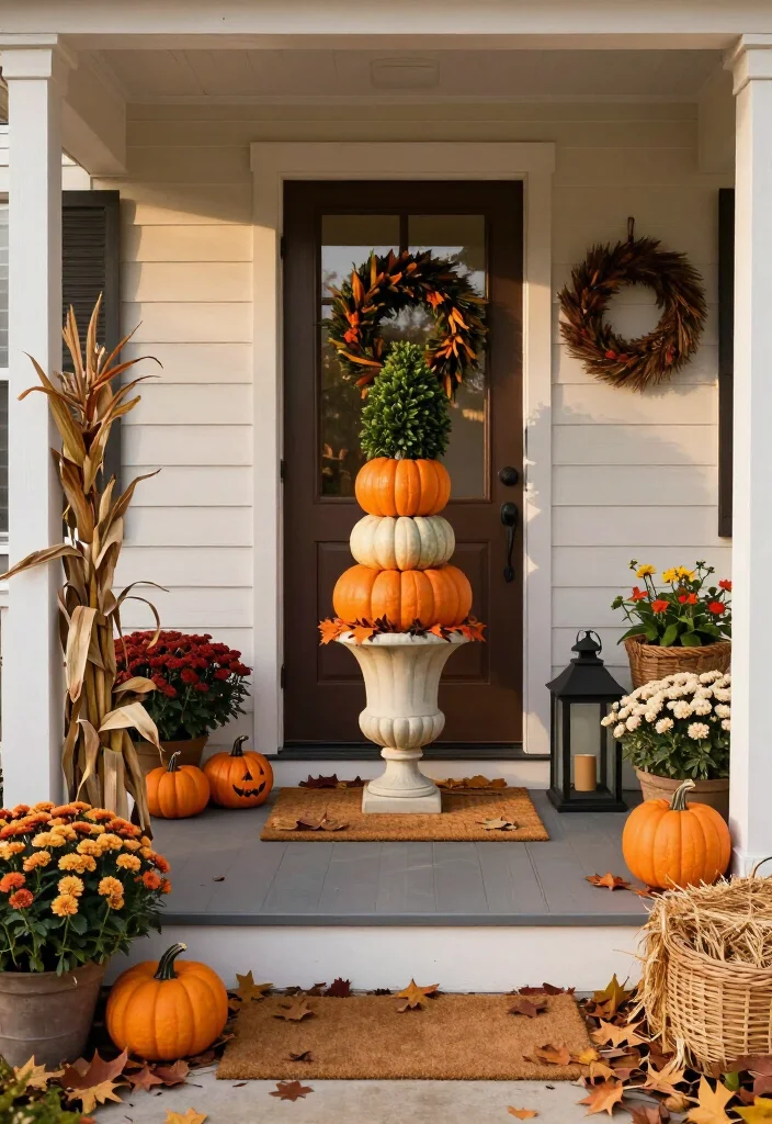 17 Clever Halloween-to-Thanksgiving Porch Decor Ideas That Make the Seasonal Switch Effortless (You’ll Want to Copy #9!) - 5. Build a Pumpkin Topiary Beside the Door 1