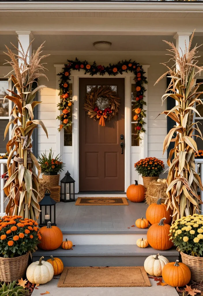 17 Clever Halloween-to-Thanksgiving Porch Decor Ideas That Make the Seasonal Switch Effortless (You’ll Want to Copy #9!) - 7. Frame the Door With Corn Stalks and Dried Grasses 1