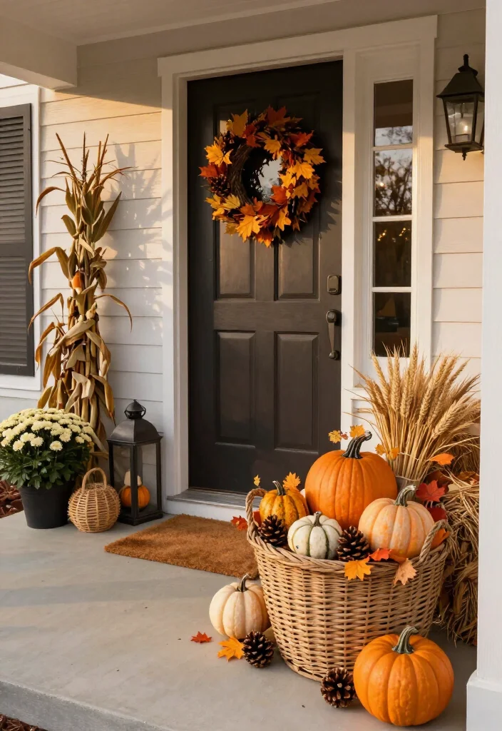 17 Clever Halloween-to-Thanksgiving Porch Decor Ideas That Make the Seasonal Switch Effortless (You’ll Want to Copy #9!) - 8. Fill a Woven Basket With Seasonal Layers 1