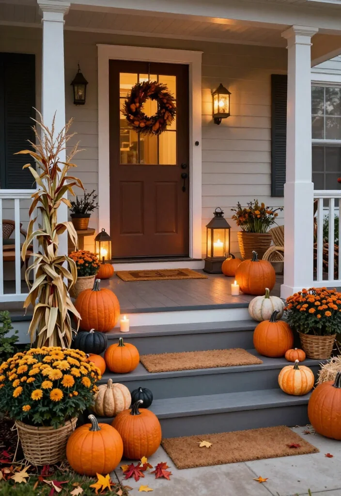 17 Clever Halloween-to-Thanksgiving Porch Decor Ideas That Make the Seasonal Switch Effortless (You’ll Want to Copy #9!) - 9. Create a Candlelit Pumpkin Stair Trail 1