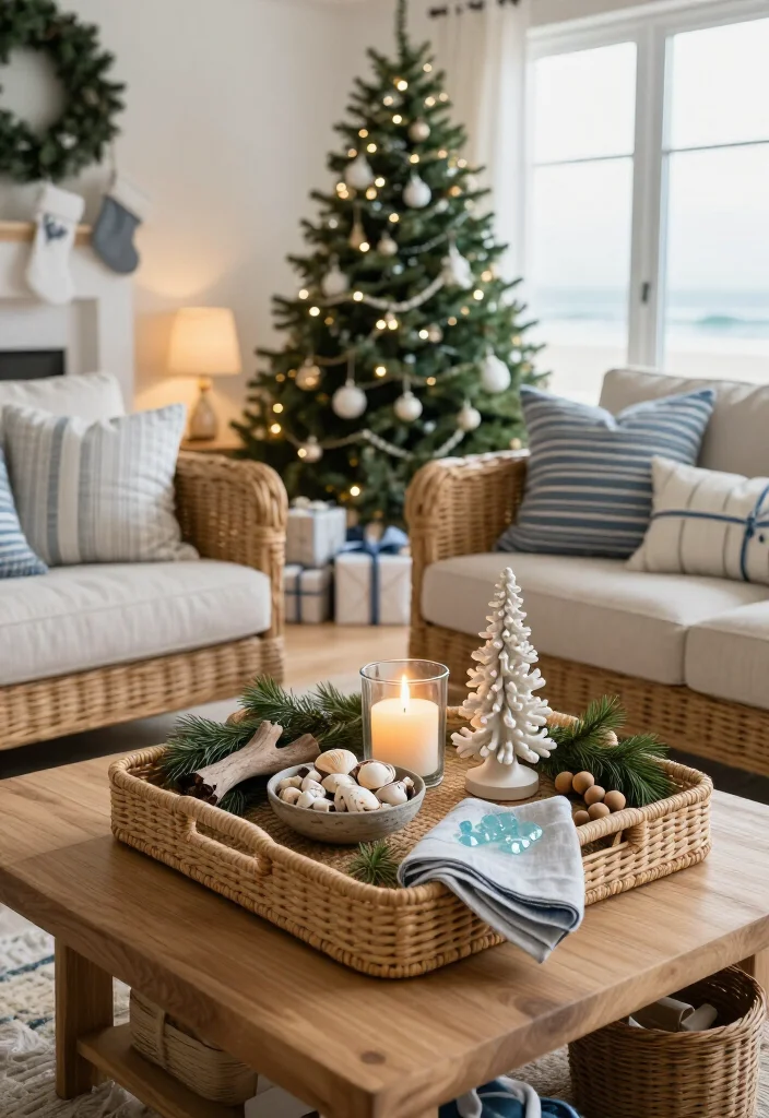 17 Coastal Christmas Home Decor Ideas That’ll Make Your Home Feel Like a Beachside Holiday Escape - 10. Style the Coffee Table Like a Tide Pool 1
