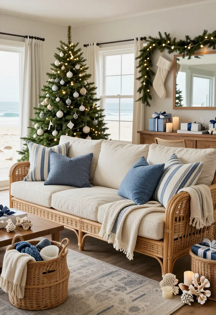 17 Coastal Christmas Home Decor Ideas That’ll Make Your Home Feel Like a Beachside Holiday Escape - 11. Layer Blue-and-White Pillows and Throws 1