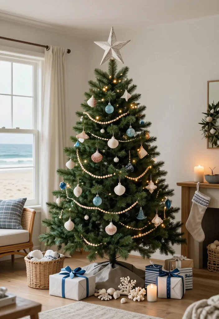 17 Coastal Christmas Home Decor Ideas That’ll Make Your Home Feel Like a Beachside Holiday Escape - 13. Top the Tree With a Simple Coastal Star 1