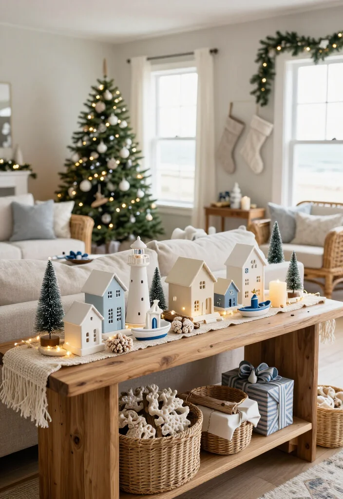 17 Coastal Christmas Home Decor Ideas That’ll Make Your Home Feel Like a Beachside Holiday Escape - 14. Create a Mini Coastal Village on the Console 1