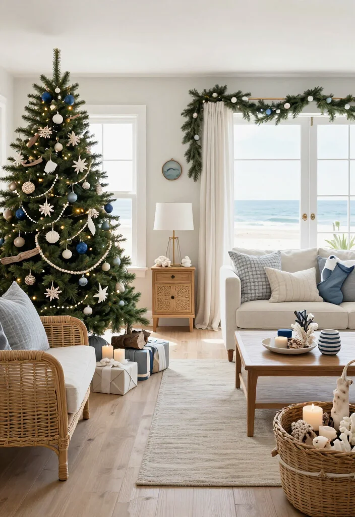 17 Coastal Christmas Home Decor Ideas That’ll Make Your Home Feel Like a Beachside Holiday Escape - 17. Keep the Whole Room Light, Layered, and Lived In 1