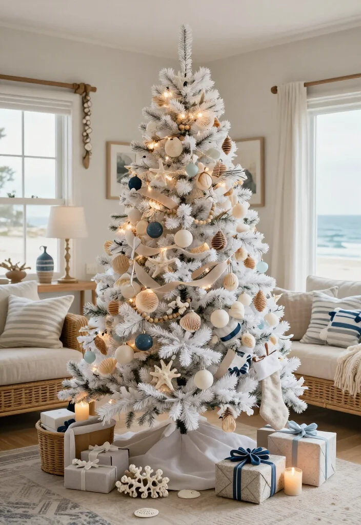 17 Coastal Christmas Home Decor Ideas That’ll Make Your Home Feel Like a Beachside Holiday Escape - 2. Hang Seashell Ornaments on a Soft White Tree 1