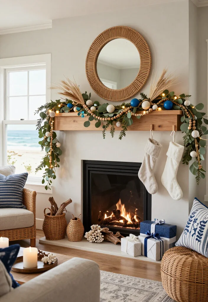 17 Coastal Christmas Home Decor Ideas That’ll Make Your Home Feel Like a Beachside Holiday Escape - 4. Wrap the Mantel in Rope and Greenery 1