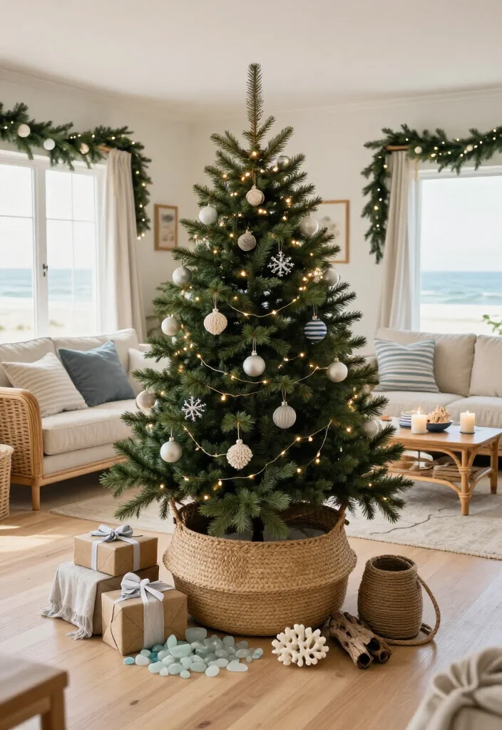 17 Coastal Christmas Home Decor Ideas That’ll Make Your Home Feel Like a Beachside Holiday Escape - 5. Use a Woven Basket as a Tree Collar 1