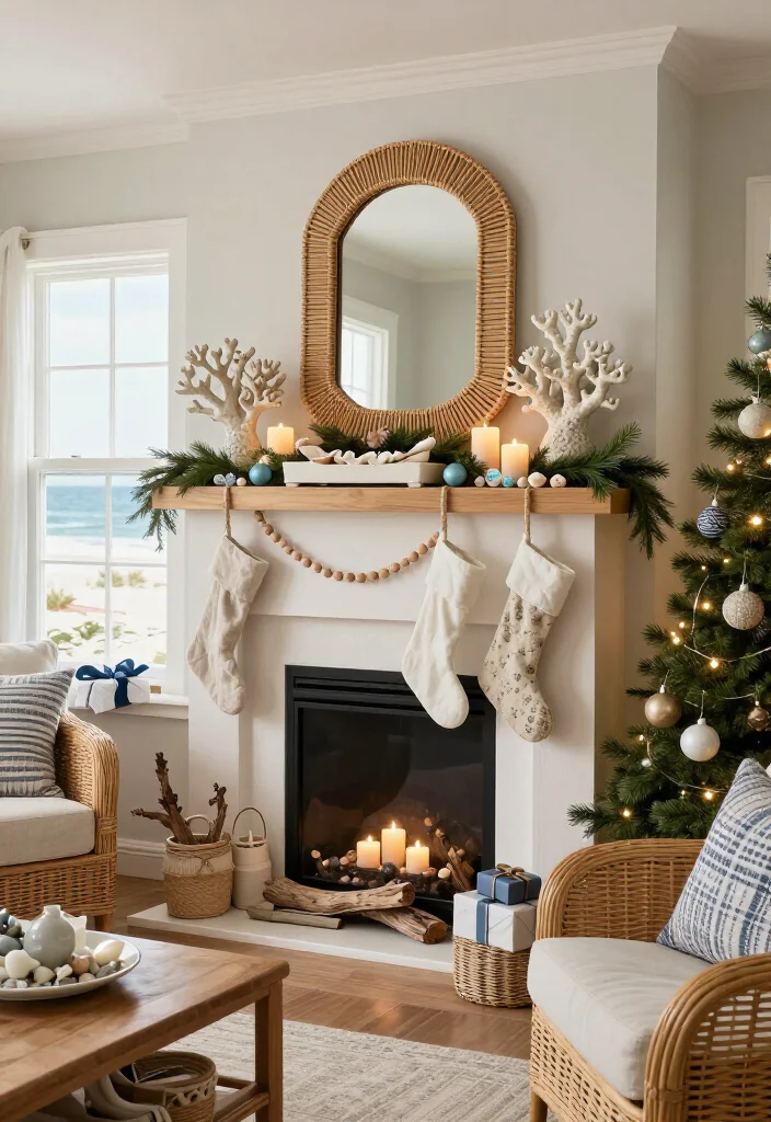 17 Coastal Christmas Home Decor Ideas That’ll Make Your Home Feel Like a Beachside Holiday Escape - 6. Layer a Coral-Inspired Mantel Display 1