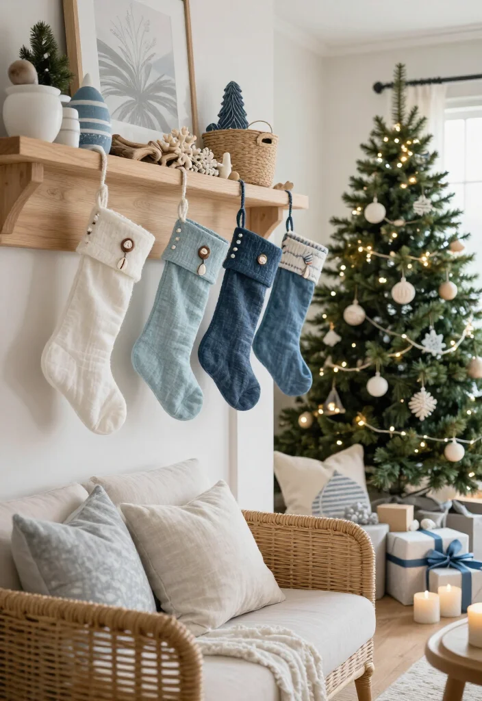 17 Coastal Christmas Home Decor Ideas That’ll Make Your Home Feel Like a Beachside Holiday Escape - 7. Choose Breezy Linen Stockings 1