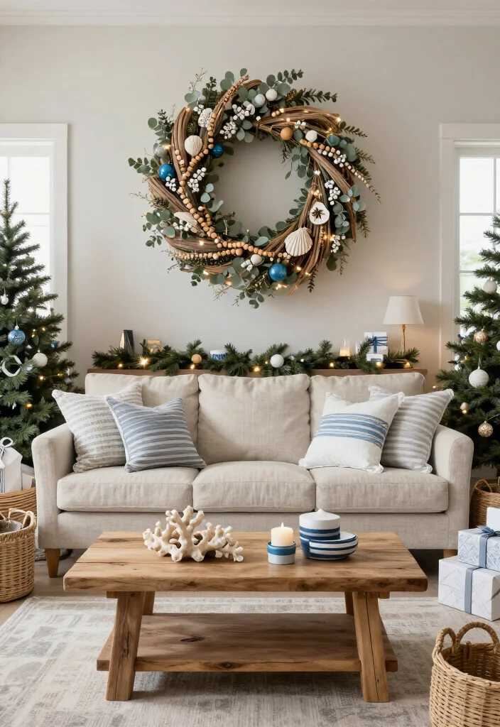 17 Coastal Christmas Home Decor Ideas That’ll Make Your Home Feel Like a Beachside Holiday Escape - 8. Add a Nautical Wreath Above the Sofa 1