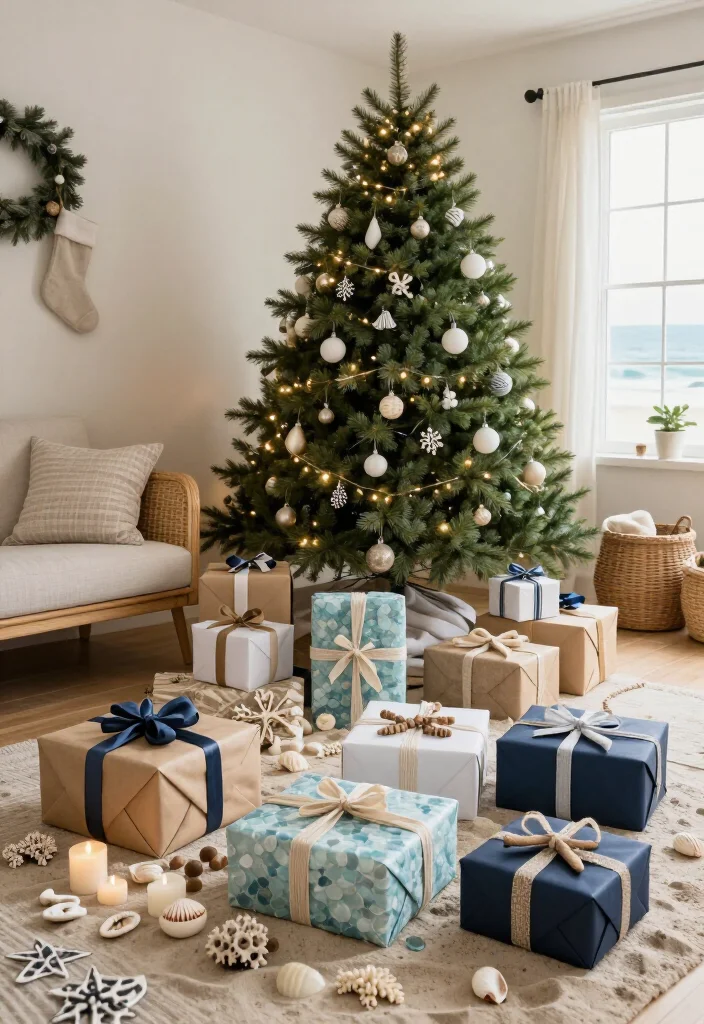 17 Coastal Christmas Home Decor Ideas That’ll Make Your Home Feel Like a Beachside Holiday Escape - 9. Wrap Gifts in Sand and Sea Glass Tones 1