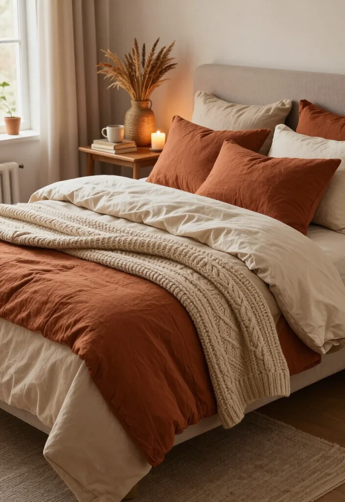 17 Cozy Fall Bedding Combos That'll Make Your Bedroom Feel Like a Warm Hug (You'll Want to Copy #7!) - 1. Rust Linen, Cream Knit, and Oatmeal Cotton 1