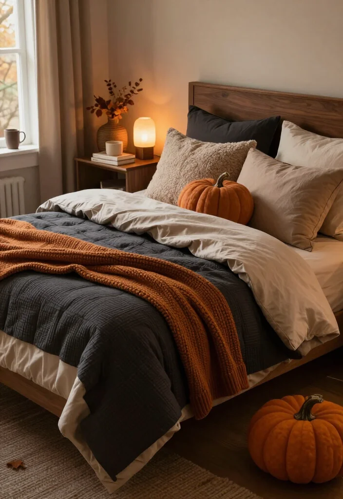 17 Cozy Fall Bedding Combos That'll Make Your Bedroom Feel Like a Warm Hug (You'll Want to Copy #7!) - 10. Charcoal, Pumpkin, and Soft Beige 1