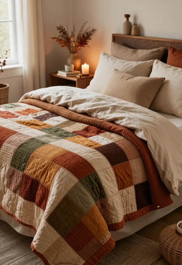 17 Cozy Fall Bedding Combos That'll Make Your Bedroom Feel Like a Warm Hug (You'll Want to Copy #7!) - 11. Patchwork Quilt with Solid Autumn Layers 1