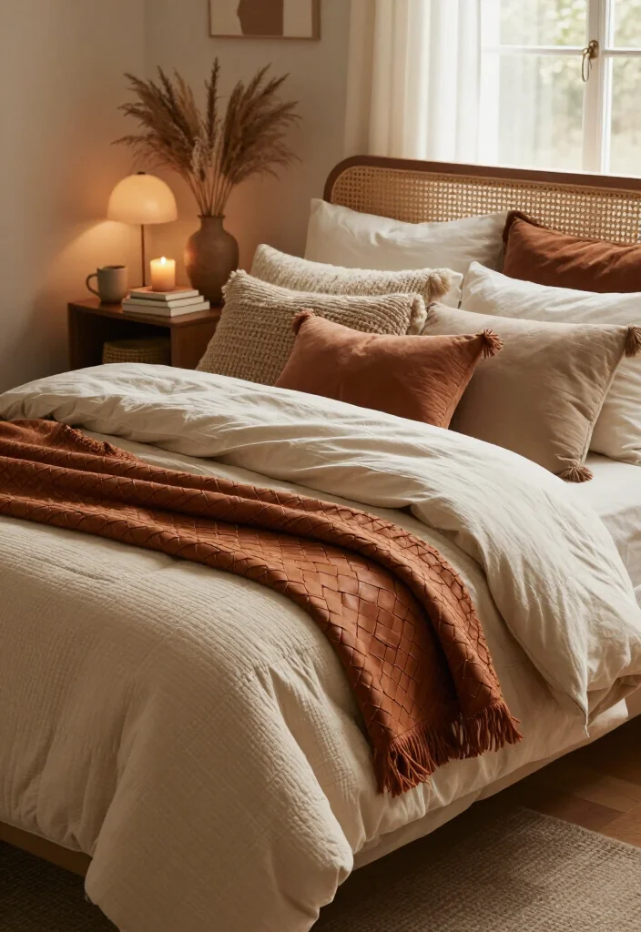 17 Cozy Fall Bedding Combos That'll Make Your Bedroom Feel Like a Warm Hug (You'll Want to Copy #7!) - 12. Boho Cognac, Ivory, and Woven Texture 1