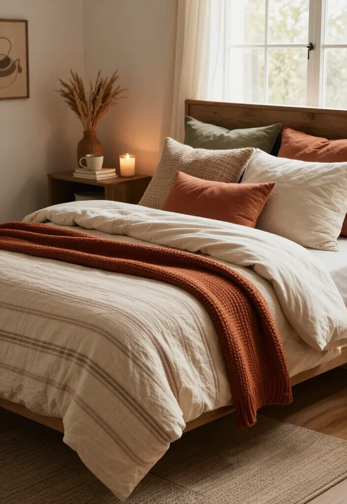 17 Cozy Fall Bedding Combos That'll Make Your Bedroom Feel Like a Warm Hug (You'll Want to Copy #7!) - 14. Farmhouse Ticking Stripe with Rust Accents 1