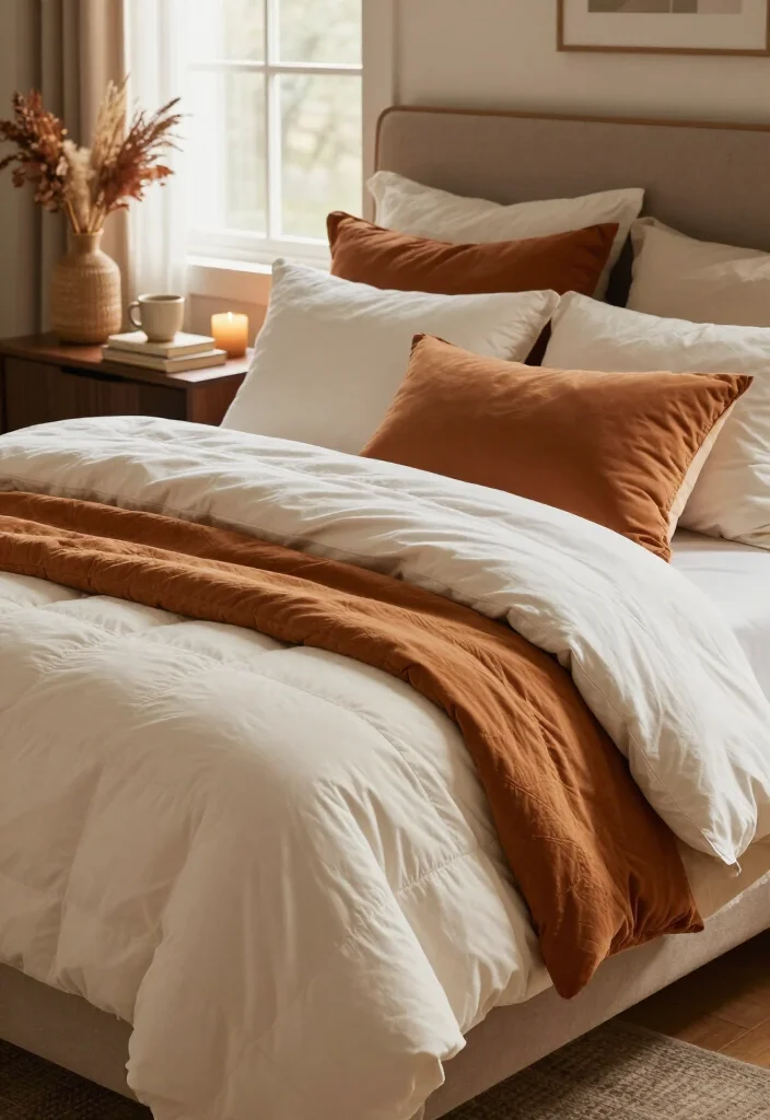17 Cozy Fall Bedding Combos That'll Make Your Bedroom Feel Like a Warm Hug (You'll Want to Copy #7!) - 15. Hotel-Style White Bedding with Amber and Caramel 1