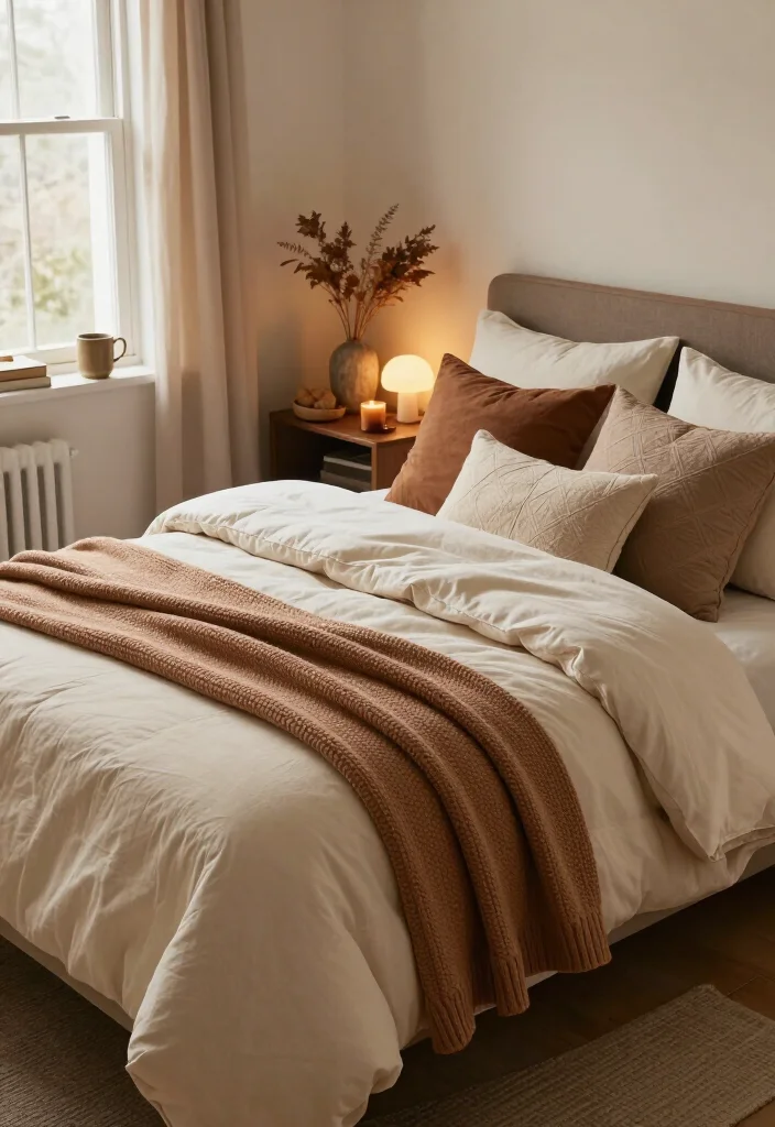 17 Cozy Fall Bedding Combos That'll Make Your Bedroom Feel Like a Warm Hug (You'll Want to Copy #7!) - 16. Small-Bedroom Layers in Taupe, Cinnamon, and Cream 1