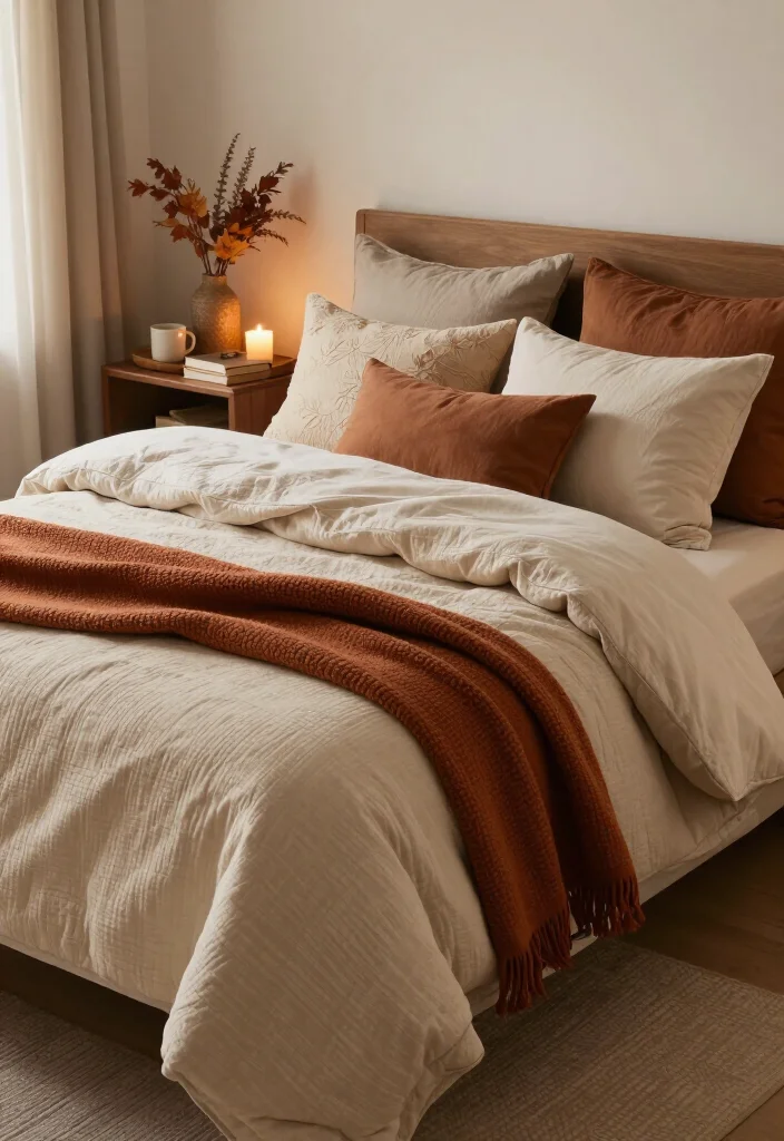 17 Cozy Fall Bedding Combos That'll Make Your Bedroom Feel Like a Warm Hug (You'll Want to Copy #7!) - 17. Thrifted Textures, Mixed Neutrals, and One Rust Throw 1