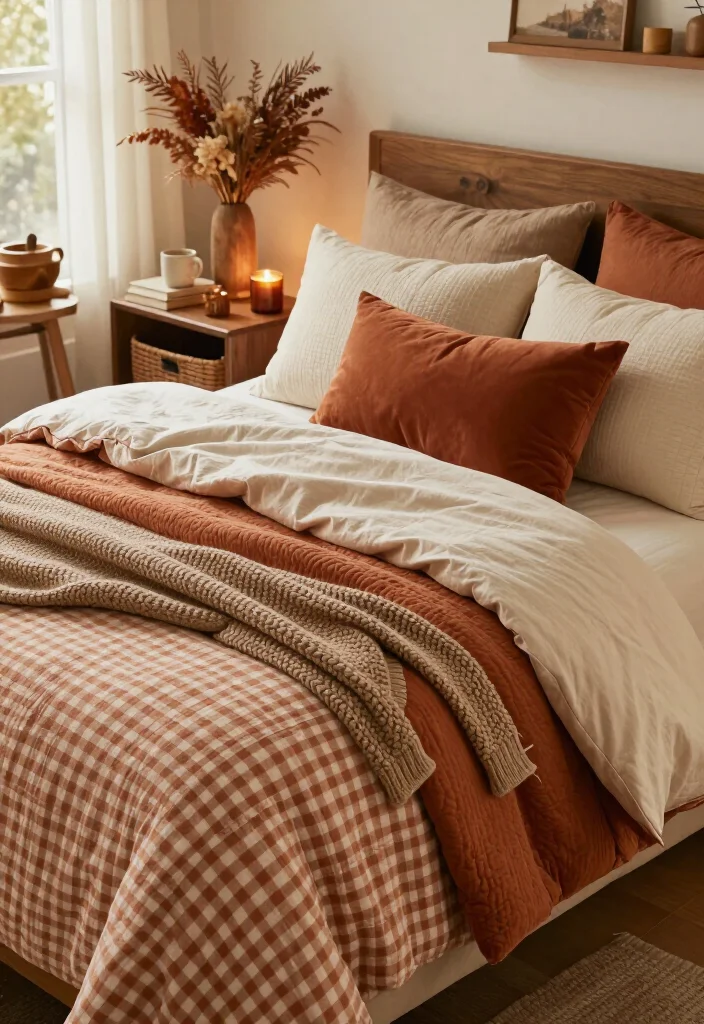 17 Cozy Fall Bedding Combos That'll Make Your Bedroom Feel Like a Warm Hug (You'll Want to Copy #7!) - 3. Terracotta Gingham with an Ivory Duvet 1