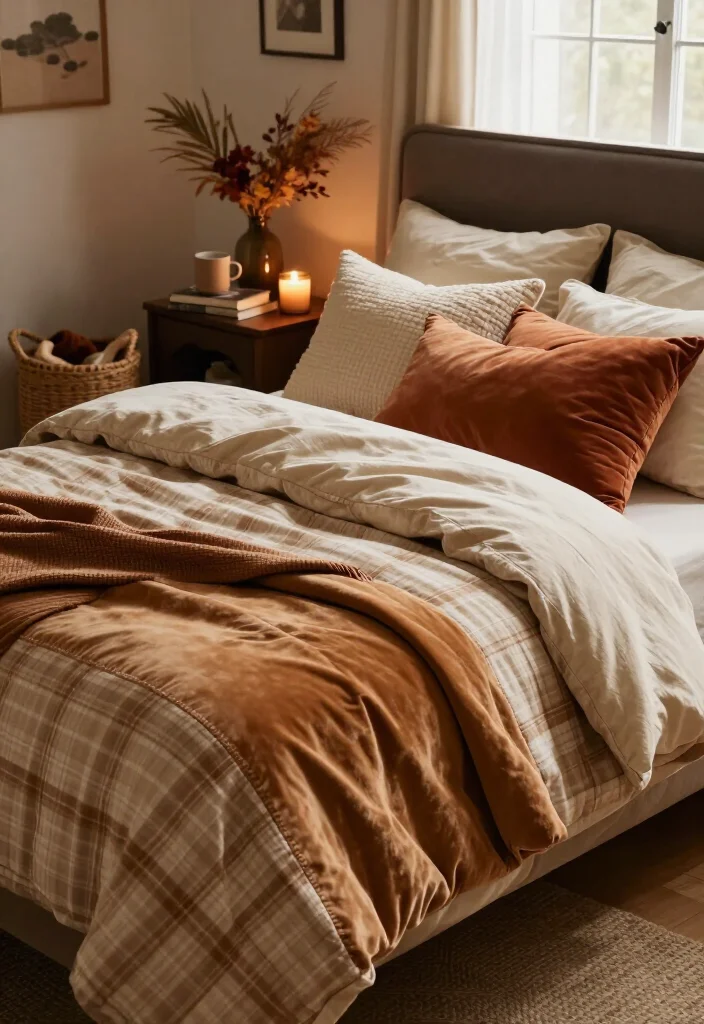 17 Cozy Fall Bedding Combos That'll Make Your Bedroom Feel Like a Warm Hug (You'll Want to Copy #7!) - 4. Caramel Velvet, Soft Plaid, and Cream Sheets 1