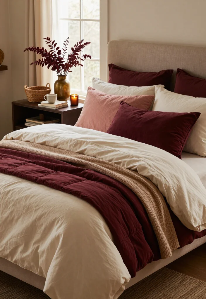 17 Cozy Fall Bedding Combos That'll Make Your Bedroom Feel Like a Warm Hug (You'll Want to Copy #7!) - 5. Deep Burgundy, Blush, and Warm Ivory 1