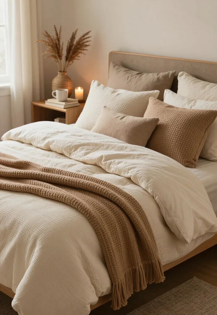 17 Cozy Fall Bedding Combos That'll Make Your Bedroom Feel Like a Warm Hug (You'll Want to Copy #7!) - 6. Cream-on-Cream Layers with Camel Accents 1