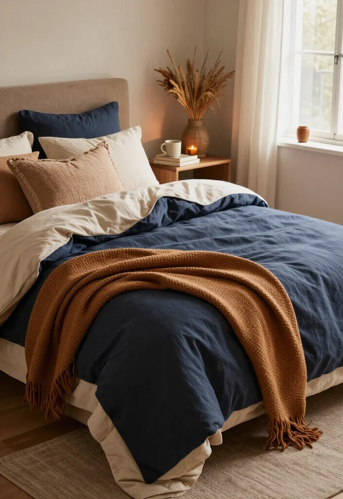 17 Cozy Fall Bedding Combos That'll Make Your Bedroom Feel Like a Warm Hug (You'll Want to Copy #7!) - 8. Ochre, Navy, and Oatmeal for a Rich Contrast 1