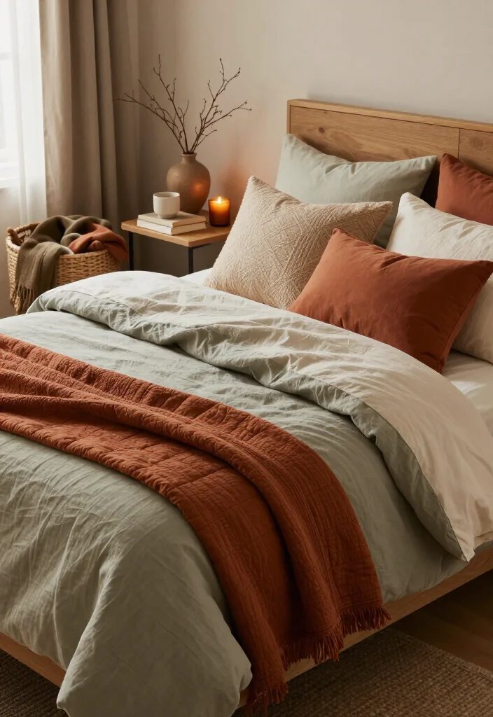 17 Cozy Fall Bedding Combos That'll Make Your Bedroom Feel Like a Warm Hug (You'll Want to Copy #7!) - 9. Sage, Rust, and Natural Cotton 1