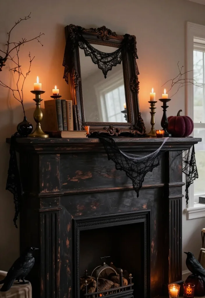 17 DIY Halloween Mantel Ideas That Look Straight Out of a Haunted Mansion (Even Beginners Can Try #8!) - 1. Build a Candlelit Haunted-Mansion Mantel 1