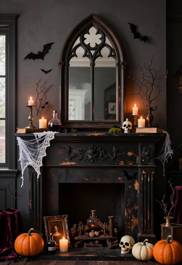 17 DIY Halloween Mantel Ideas That Look Straight Out of a Haunted Mansion (Even Beginners Can Try #8!) - 10. Add a Distressed Gothic Mirror as the Centerpiece 1