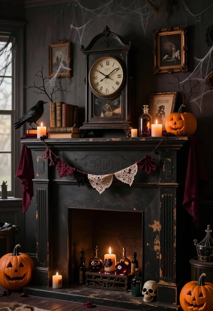 17 DIY Halloween Mantel Ideas That Look Straight Out of a Haunted Mansion (Even Beginners Can Try #8!) - 11. Craft a Crooked Clock Mantel with Frozen-Time Details 1