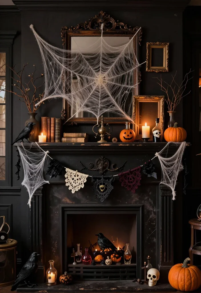 17 DIY Halloween Mantel Ideas That Look Straight Out of a Haunted Mansion (Even Beginners Can Try #8!) - 12. Make Cobwebs Look Soft, Layered, and Believable 1
