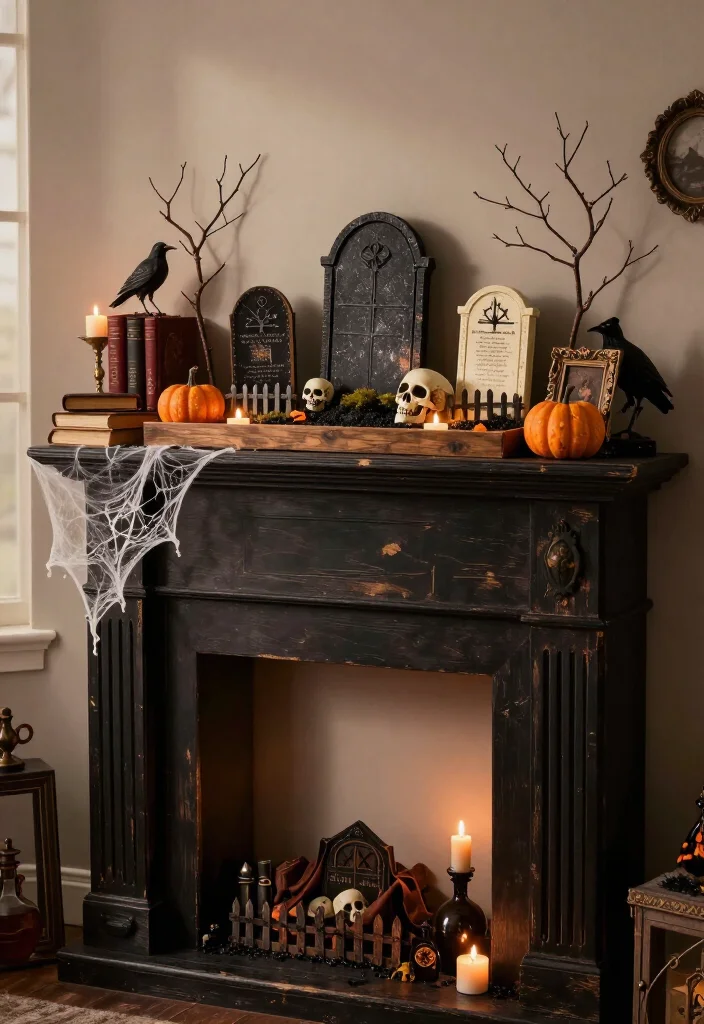 17 DIY Halloween Mantel Ideas That Look Straight Out of a Haunted Mansion (Even Beginners Can Try #8!) - 13. Create a Miniature Cemetery Across the Mantel 1