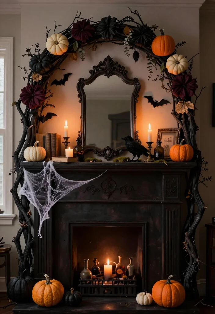 17 DIY Halloween Mantel Ideas That Look Straight Out of a Haunted Mansion (Even Beginners Can Try #8!) - 14. Build a Muted Pumpkin Arch with Reclaimed Branches 1