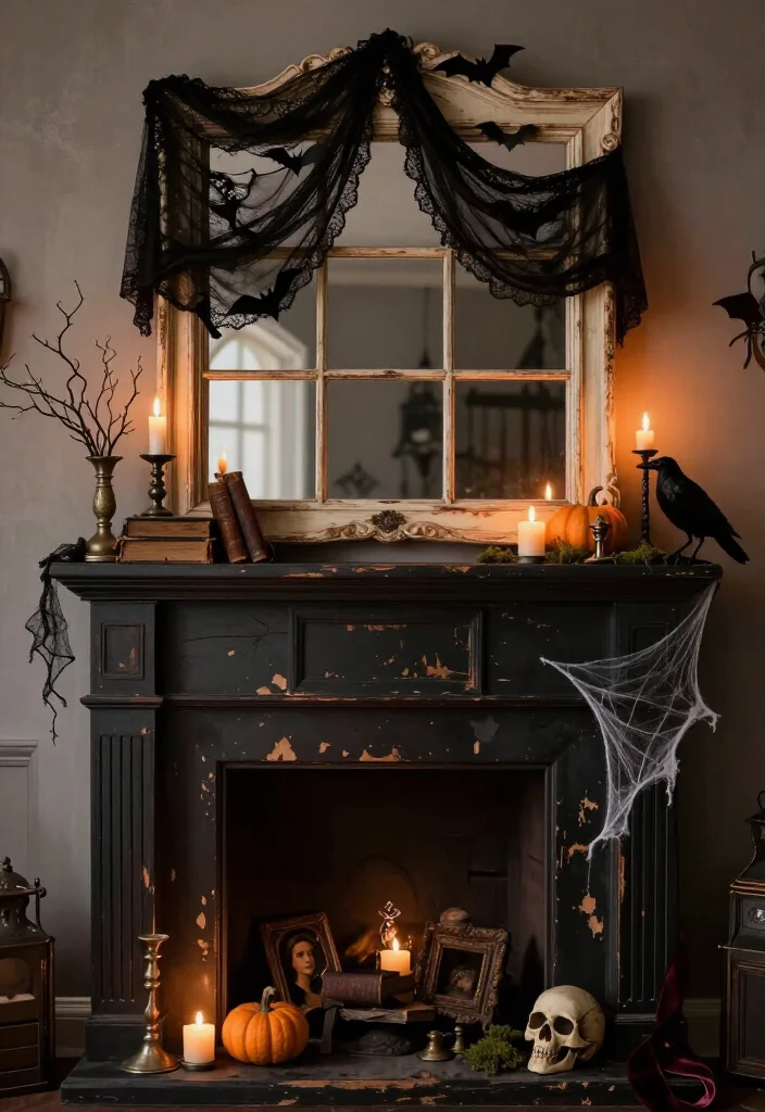 17 DIY Halloween Mantel Ideas That Look Straight Out of a Haunted Mansion (Even Beginners Can Try #8!) - 15. Hang a Victorian Window Frame Above the Mantel 1