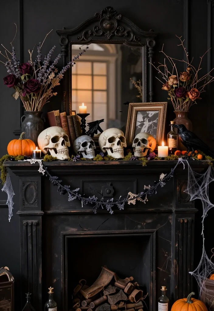 17 DIY Halloween Mantel Ideas That Look Straight Out of a Haunted Mansion (Even Beginners Can Try #8!) - 16. Make a Soft Skull-and-Moss Arrangement 1