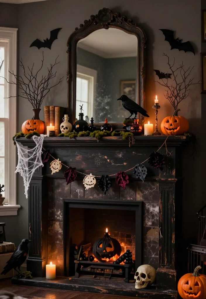 17 DIY Halloween Mantel Ideas That Look Straight Out of a Haunted Mansion (Even Beginners Can Try #8!) - 17. Layer Everything with a Collected Attic-Mantel Look 1