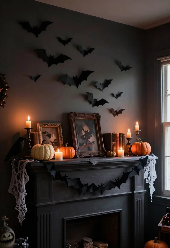 17 DIY Halloween Mantel Ideas That Look Straight Out of a Haunted Mansion (Even Beginners Can Try #8!) - 2. Add a Swarm of Handmade Paper Bats 1