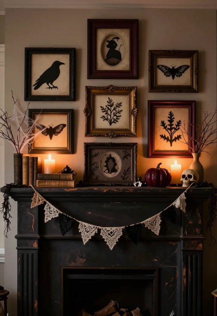 17 DIY Halloween Mantel Ideas That Look Straight Out of a Haunted Mansion (Even Beginners Can Try #8!) - 3. Make a Gallery of Haunted Thrift-Store Portraits 1