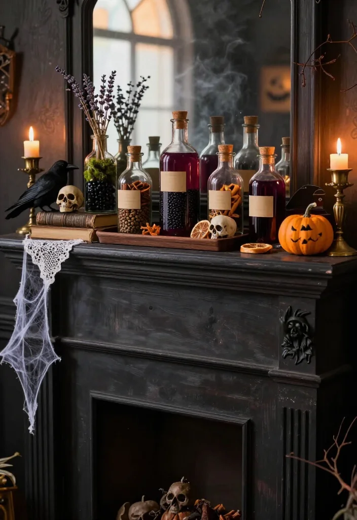 17 DIY Halloween Mantel Ideas That Look Straight Out of a Haunted Mansion (Even Beginners Can Try #8!) - 4. Style a Budget Apothecary Shelf on the Mantel 1