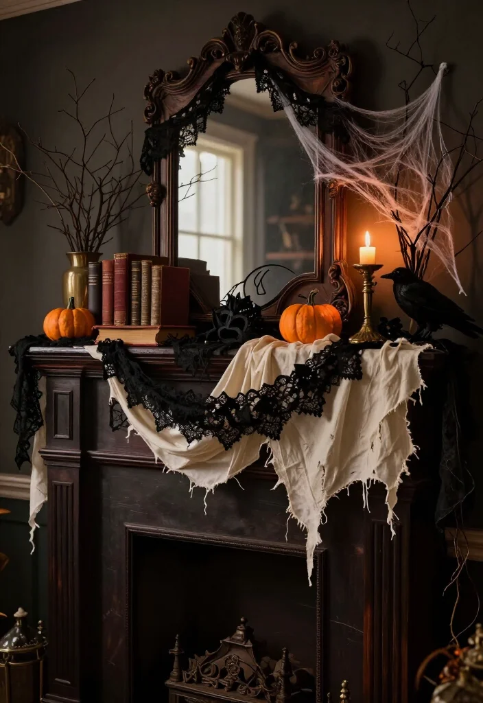 17 DIY Halloween Mantel Ideas That Look Straight Out of a Haunted Mansion (Even Beginners Can Try #8!) - 5. Drape Black Lace and Torn Cheesecloth for Instant Age 1