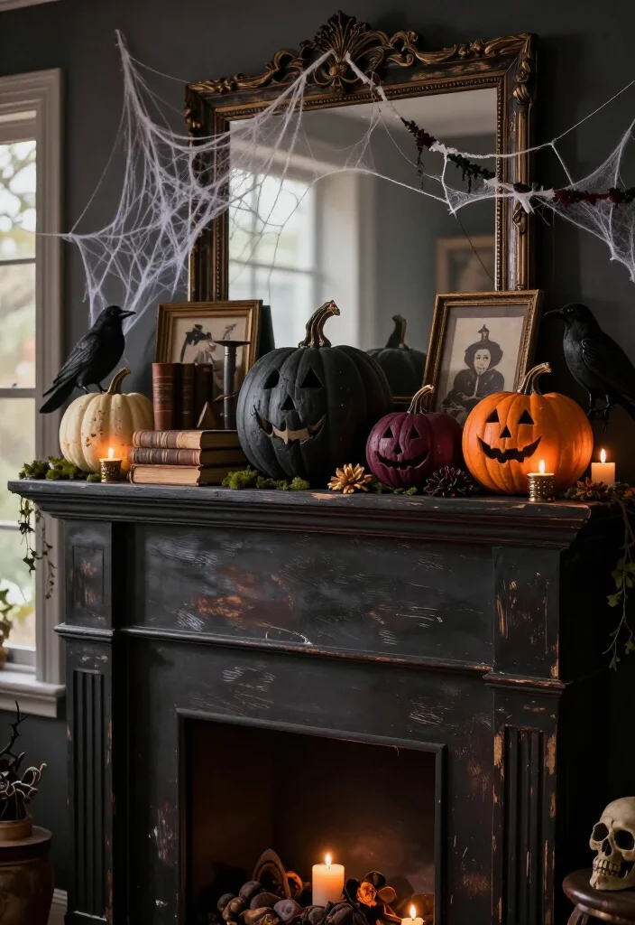 17 DIY Halloween Mantel Ideas That Look Straight Out of a Haunted Mansion (Even Beginners Can Try #8!) - 6. Paint Plain Pumpkins in a Moody Gothic Palette 1